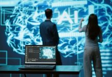 IT professionals using artificial intelligence augmented reality hologram